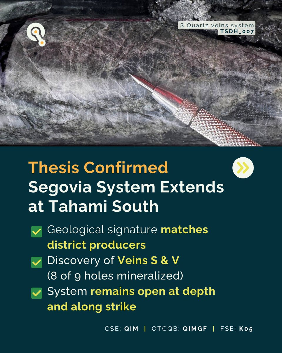 𝗧𝗵𝗲𝘀𝗶𝘀 𝗖𝗼𝗻𝗳𝗶𝗿𝗺𝗲𝗱 𝗮𝘁 𝗧𝗮𝗵𝗮𝗺𝗶 𝗦𝗼𝘂𝘁𝗵 ⚒️

Phase 1 drilling hit mineralization in 8 of 9 holes. The Segovia geological architecture extends onto our ground.
✅ 2 New Vein Systems (S &amp; V) 
✅ Continuity verified (from surface to 612m) 
✅ Geological signature