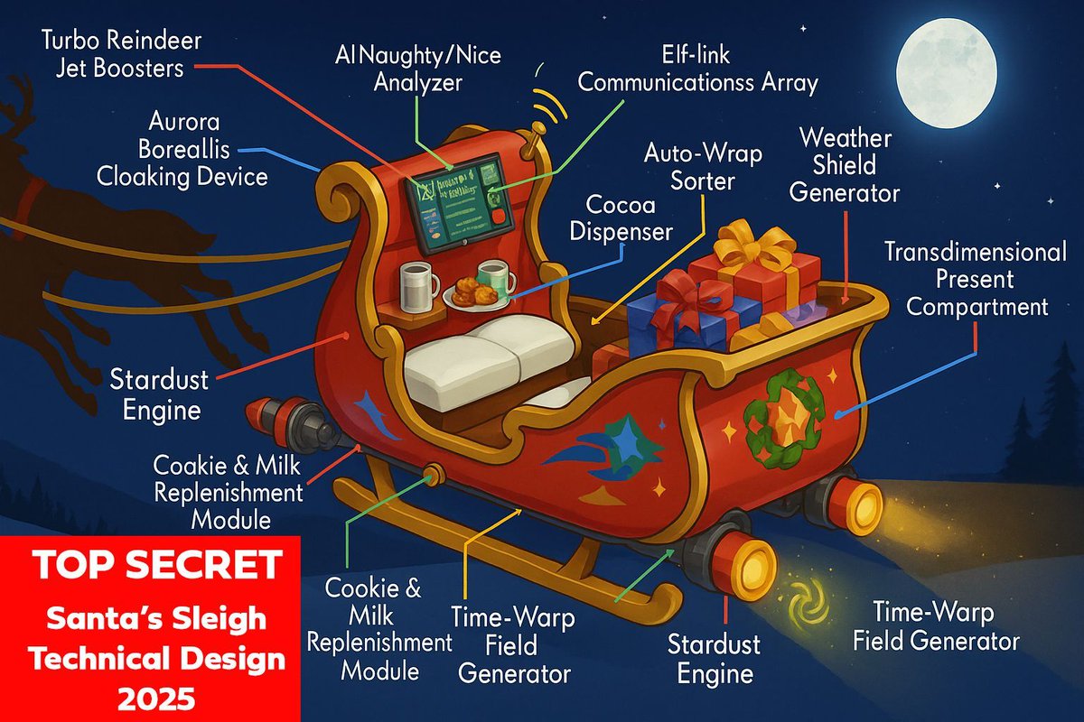 🎅✨ TOP SECRET LEAK! ✨🎅

We’ve managed to get our hands on some classified blueprints of Santa’s brand new 2025 sleigh – and let’s just say, it’s had some serious upgrades this year! 🚀

We couldn't keep this to ourselves, so here is a sneak peek (hope the elves catch us! 👀).