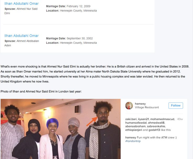 🚨🇺🇸 BREAKING: DHS CLAIMS THAT ILHAM OMAR MARRIED HER BROTHER, AND SHOWS RECEIPTS!

Newly revealed documents show Ilham Omar wed Ahmed Elmi (who some say shares her dad's name and family ties) while still married to another man.

All to sneak Elmi into the U.S.

She's always shot