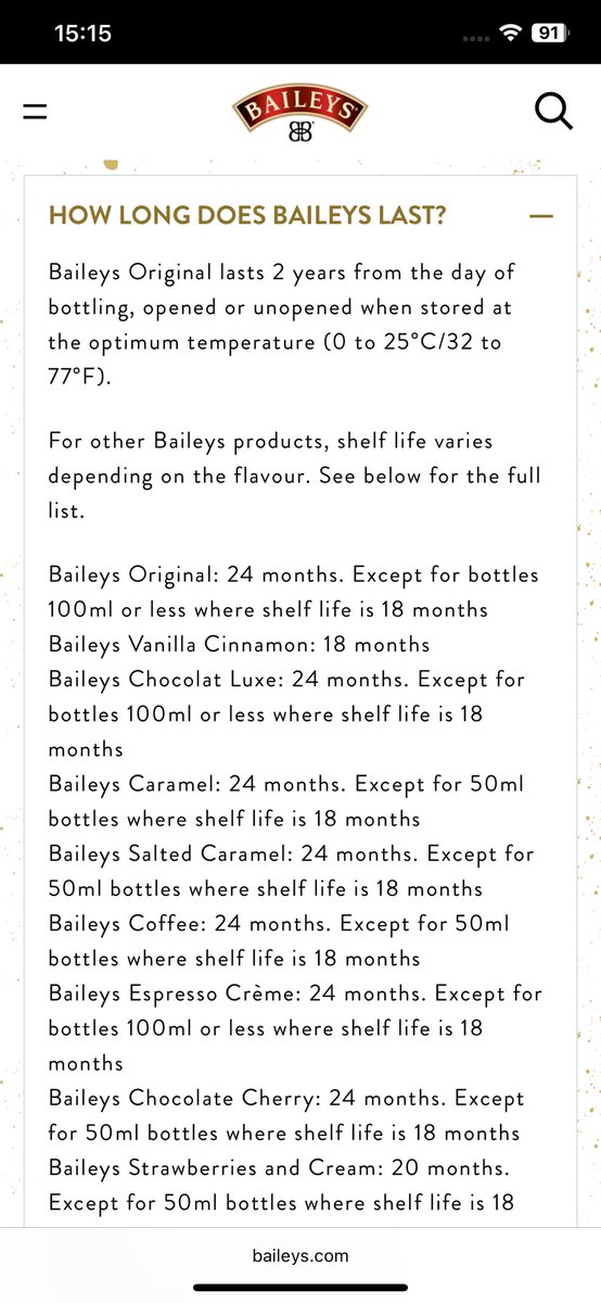 JulieKTF's tweet photo. @MENnewsdesk According to official Baileys it lasts longer than people think. Looked it up last year as I’m not a big drinker. This is today’s screenshot not last years. Enjoy your Baileys everyone 😋 https://t.co/L18tYp8azg