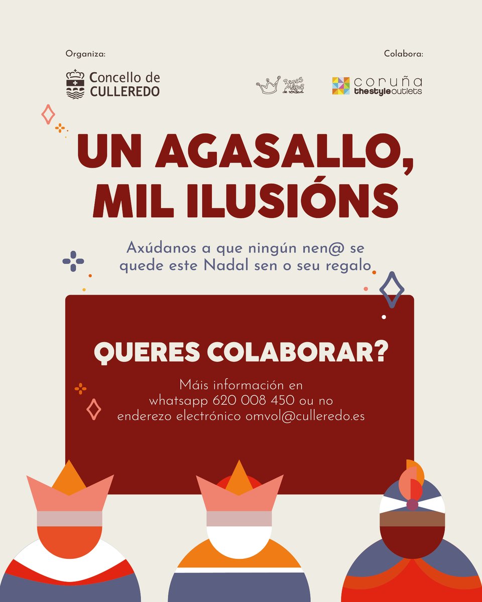 📣 Ampliación do prazo para participar na campaña solidaria do Concello de Culleredo 'Reis Magos Solidarios', posta en marcha en colaboración coa ONG <a href="/RRMMdeverdad/">Reyes Magos de Verdad</a> e <a href="/Coruna_Style/">Coruña The Style Outlets</a>.

🎁 Poderás inscribirte no formulario ata o luns 22 de decembro: acortar.link/Gh40bj