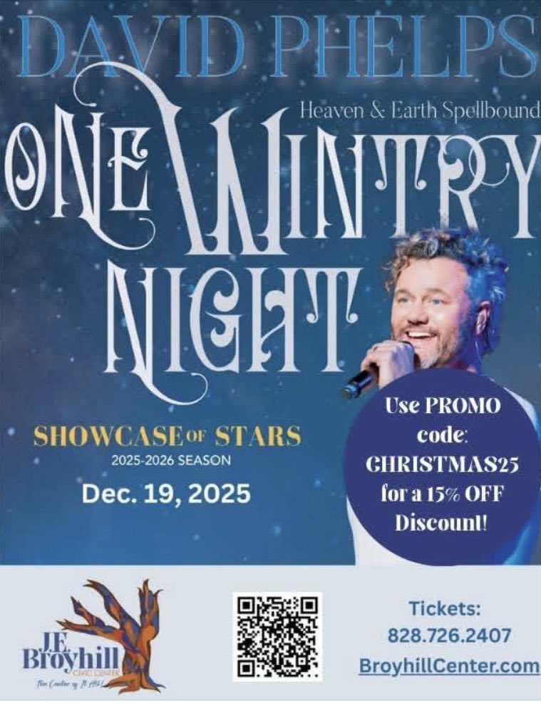 jebcc's tweet image. ✨ ONE WINTRY NIGHT with David Phelps ✨

📅 December 19, 2025
📍 JE Broyhill Civic Center
🎟️ Tickets available now!

🎁 Holiday Special:

Use PROMO CODE: CHRISTMAS25 to receive 15% OFF your tickets!

📞 Tickets: 828.726.2407
🌐 Buy online: BroyhillCenter.com