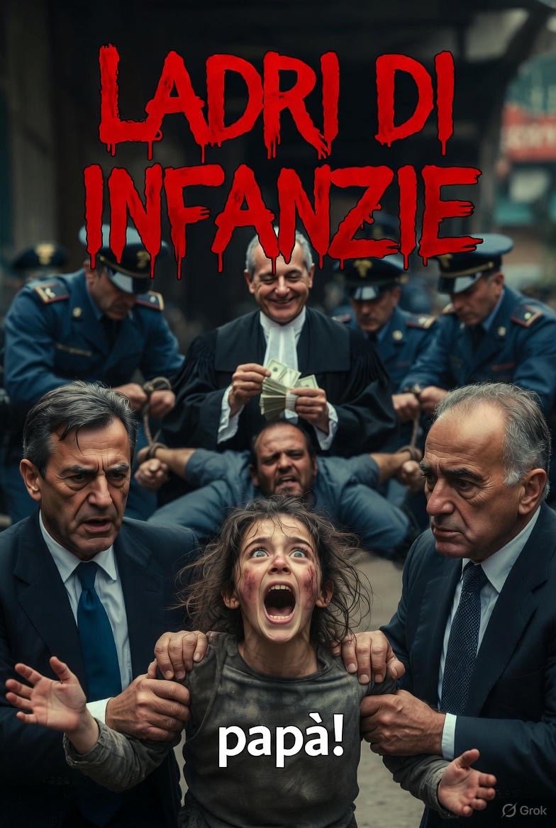 LADRI DI INFANZIE
Servizi sociali e psicologi:
•  entrano in casa senza prove
•  strappano i bambini urlando
•  li buttano in comunità-lager
•  incassano milioni di euro pubblici Tutto legale. Tutto impunito. Sono rapitori pagati dallo Stato. #BambiniRubati #LadriDiFigli