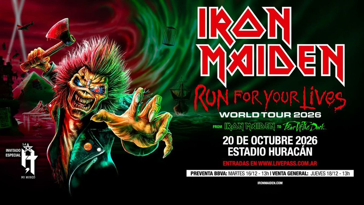 #Huracán Iron Maiden celebra sus 50 años y vuelve a la Argentina.

Tocará en Octubre de 2026 en el Palacio del Rock