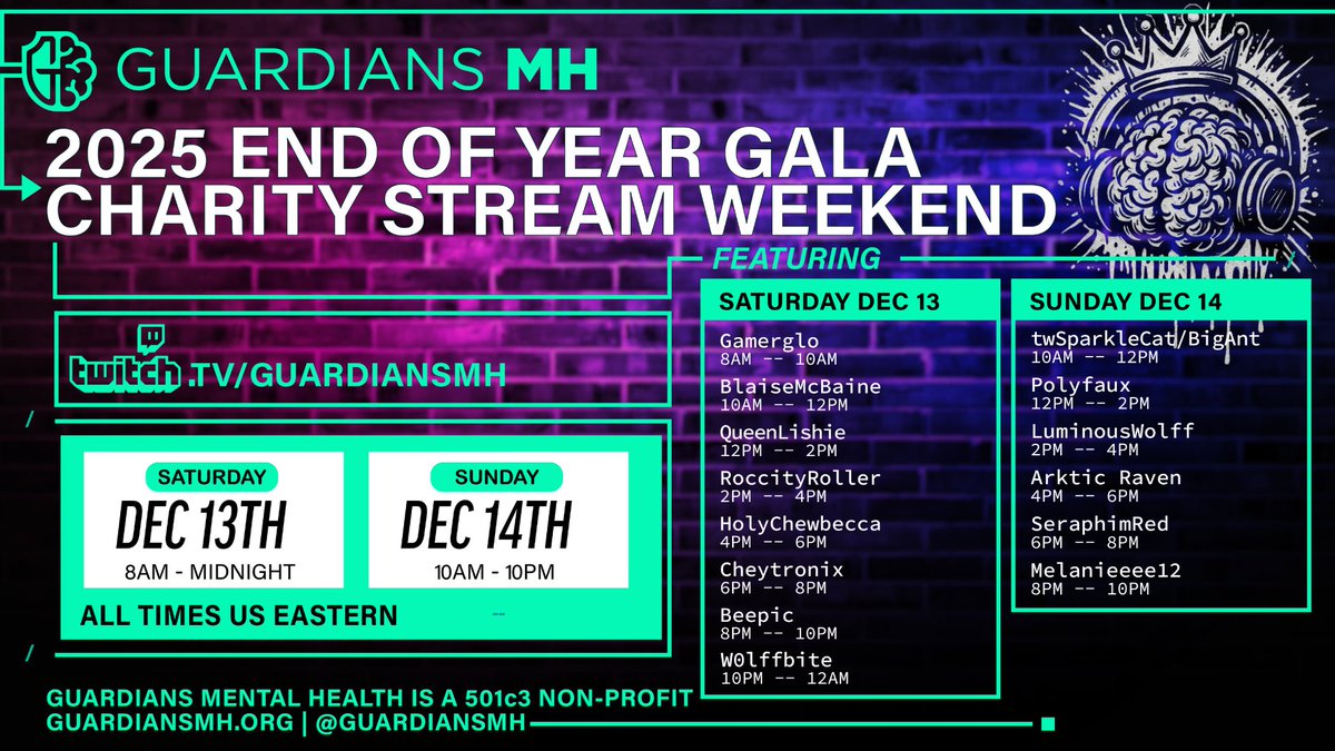 GuardiansMH's tweet image. 🎉🔥 The Guardians MH End of Year Gala Charity Stream Weekend kicks off TOMORROW! 🔥🎉

Join us for two days of amazing creators, games, &amp;amp; chances to give back as we close out the year strong.

If u would like to donate ⬇️
tilt.fyi/508IPcKmpe

#CharityStream
#mentalhealth