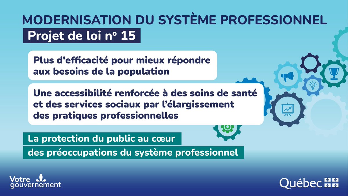 Aujourd’hui, j’ai déposé à l’Assemblée nationale un projet de loi qui constitue une avancée importante dans la modernisation de notre système professionnel.

Avec ce projet de loi, notre objectif est clair : offrir un meilleur accès à des soins de santé et à des services sociaux,