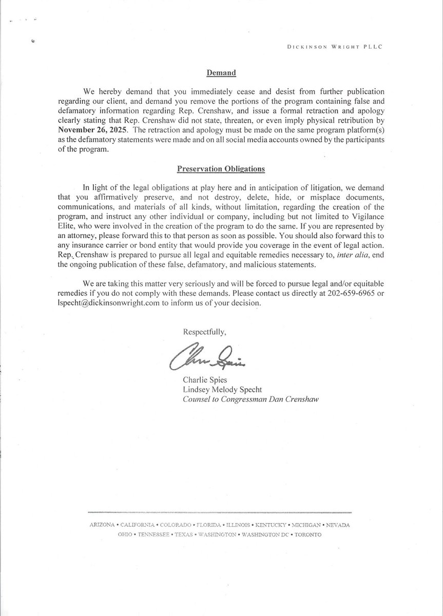 ShawnRyan762's tweet image. The full cease-and-desist letter Congressman Crenshaw sent to Shawn Ryan.

@RepDanCrenshaw @DanCrenshawTX
