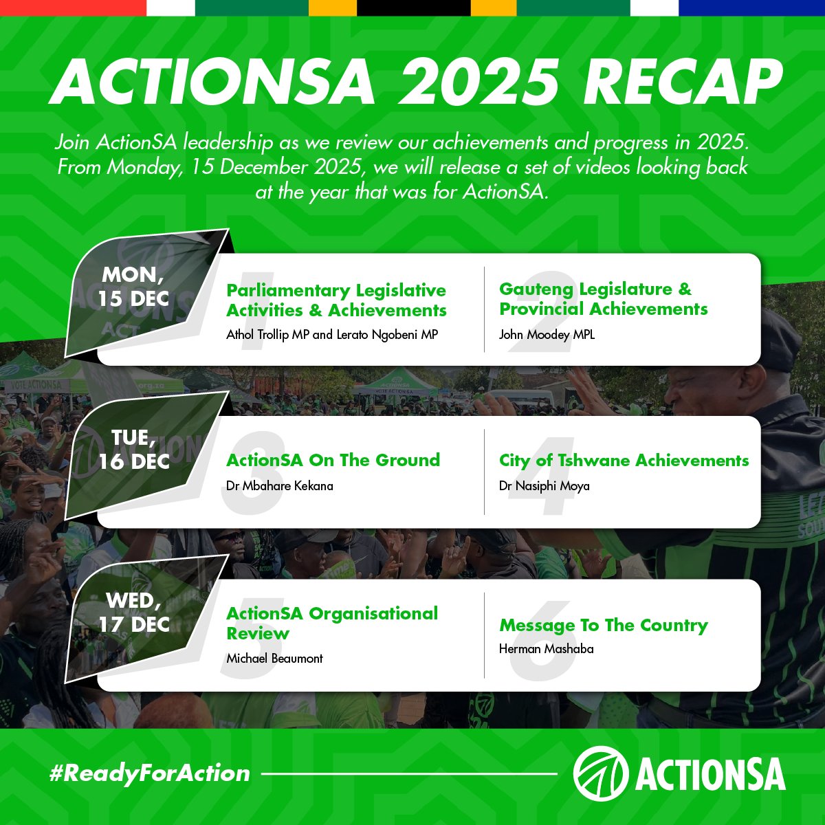 Join ActionSA’s leadership as we reflect on our 2025 achievements and milestones!

From Monday, 15 December 2025, we will roll out a series of videos looking back at the year that was for ActionSA.

#ReadyForAction
