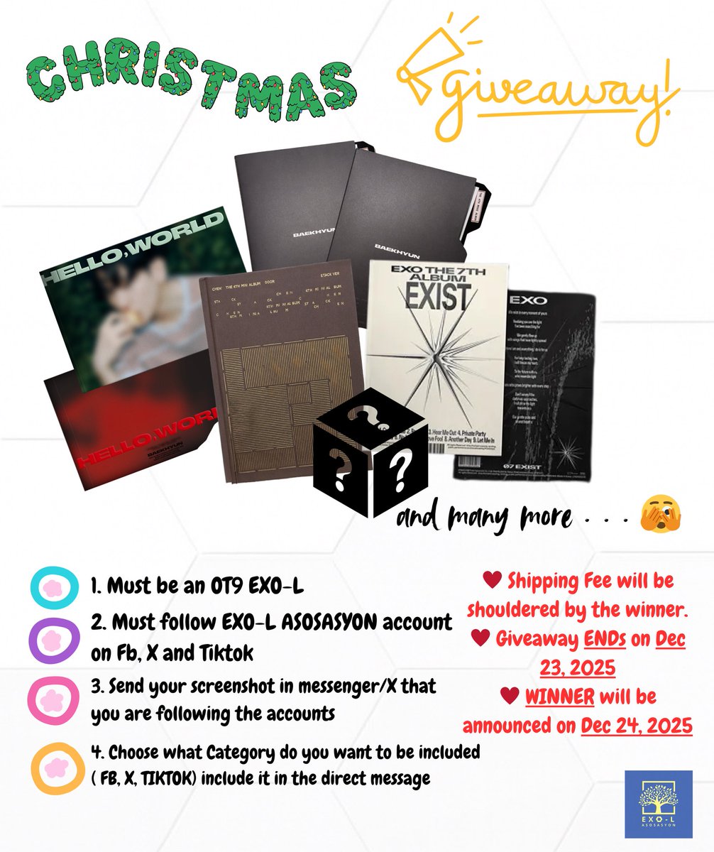 EXOLAsosasyon's tweet photo. EXO-Ls, letβs spread the love again! β₯οΈ
Another EXO-L ASOSASYON GIVEAWAY is here!
Check the mechanics in the photo and make sure to follow all steps to join.
Letβs keep supporting @weareoneEXO and @INB100_official βgood luck, Fam!
#exolasosasyon #exolasosasyonGA https://t.co/3B68mQirxF