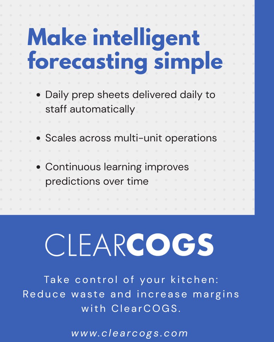 Overproduction. Spoiled ingredients. Frustrated staff. 

ClearCOGS flips the script with AI: daily prep tips, precise forecasts, and less stress. Reduce waste, free up cash, and serve better. Your kitchen deserves smarter forecasting.