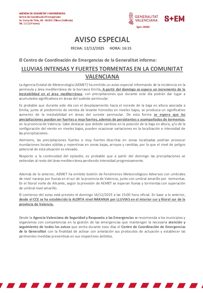 GVA112's tweet photo. ⚠️(16:15h) El Centro de Coordinación de Emergencias de la @generalitat emite un aviso especial ante la llegada de un episodio de lluvias intensas y tormentas a la Comunitat Valenciana.

🕐A partir del domingo se espera un incremento de la 
inestabilidad en el área mediterránea, con precipitaciones que  podrán dar lugar a acumulados significativos 

🟠Se ha activado la alerta nivel naranja por lluvias en el interior sur y litoral sur de la 
provincia de Valencia.