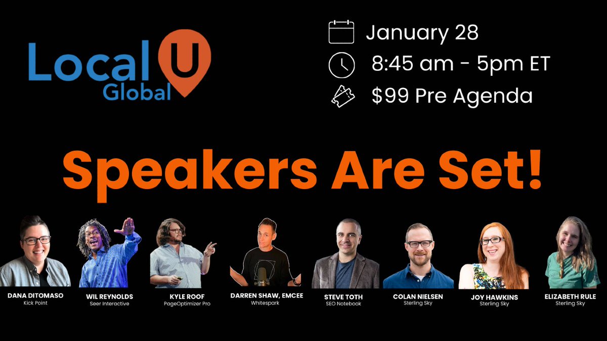 We published the agenda - and your mind is going to be blown 🤯🤯🤯

Check out these sessions from top-tier SEO experts like <a href="/kylebot1997/">Kyle Roof</a>, <a href="/wilreynolds/">Wil Reynolds</a>, <a href="/danaditomaso/">Dana DiTomaso danaditomaso.bsky.social</a>, <a href="/seo_notebook/">STΞVΞ TOTH</a>, <a href="/ColanNielsen/">Colan Nielsen</a>, @darrenshaw_, <a href="/ownyourserp/">Elizabeth Rule</a> &amp; more!

localu.org/etn/localu-glo…

Tickets just $135!