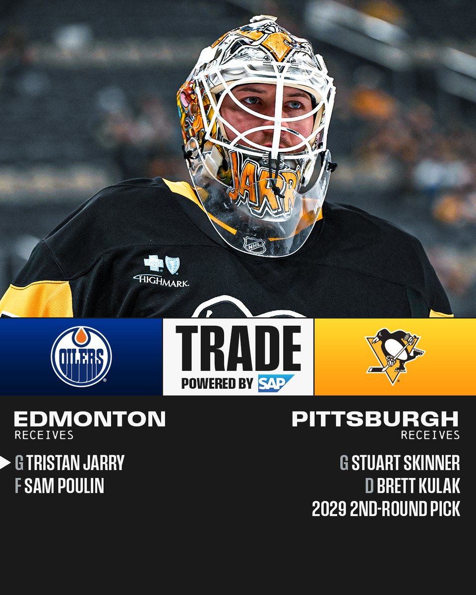 BIG TRADE ‼️
The @penguins have traded Tristan Jarry and Sam Poulin to the @EdmontonOilers for Stuart Skinner, Brett Kulak, and a 2029 second-round pick!
Powered by @SAP