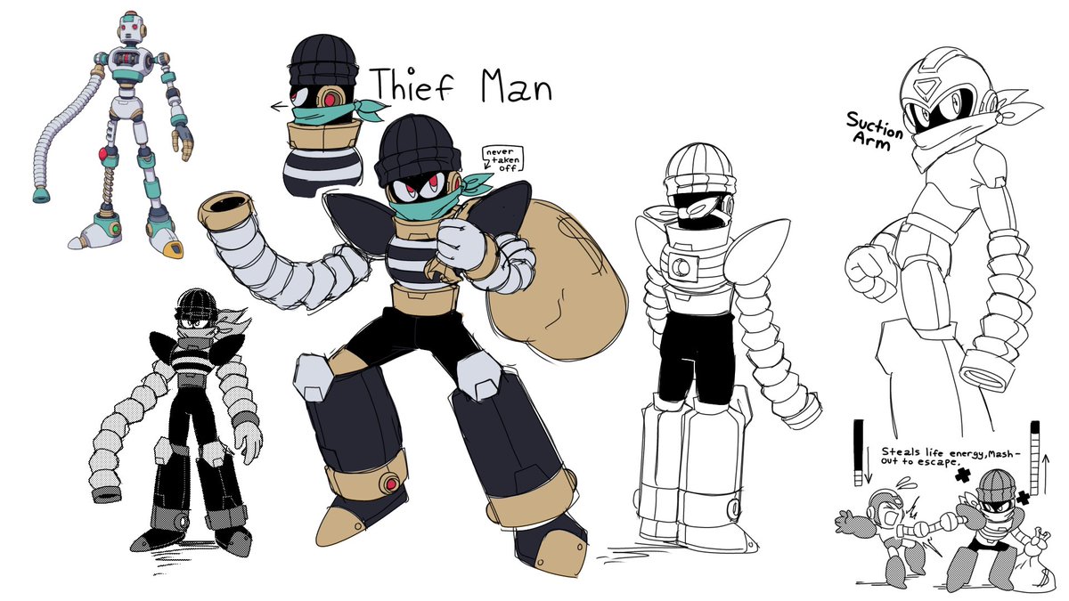 MegaManRockin's tweet image. Thief Man (Concept)
Ability: Suction Arm

steals valuables for Dr. Wily, or himself if he’s feeling selfish

ranging from bolts, jewelry, even life energy via the suction from his arm

Pen Name - MegaManRockin

#MegaManDO #DesignARobotMaster