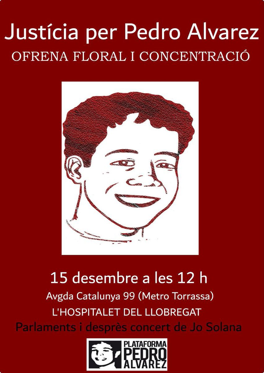 Pedro va ser assassinat a sang freda per un policia del sistema, que fa tot el possible per protegir aquesta escòria de les seves clavegueres.
#NosotrxsNoOlvidamos
📍 12h Ofrena floral Av. Catalunya 99 de l'Hospitalet
📍Metro L1 (vermella) Torrassa
📍 Després  <a href="/Jo_So_lana/">JoSolana</a>