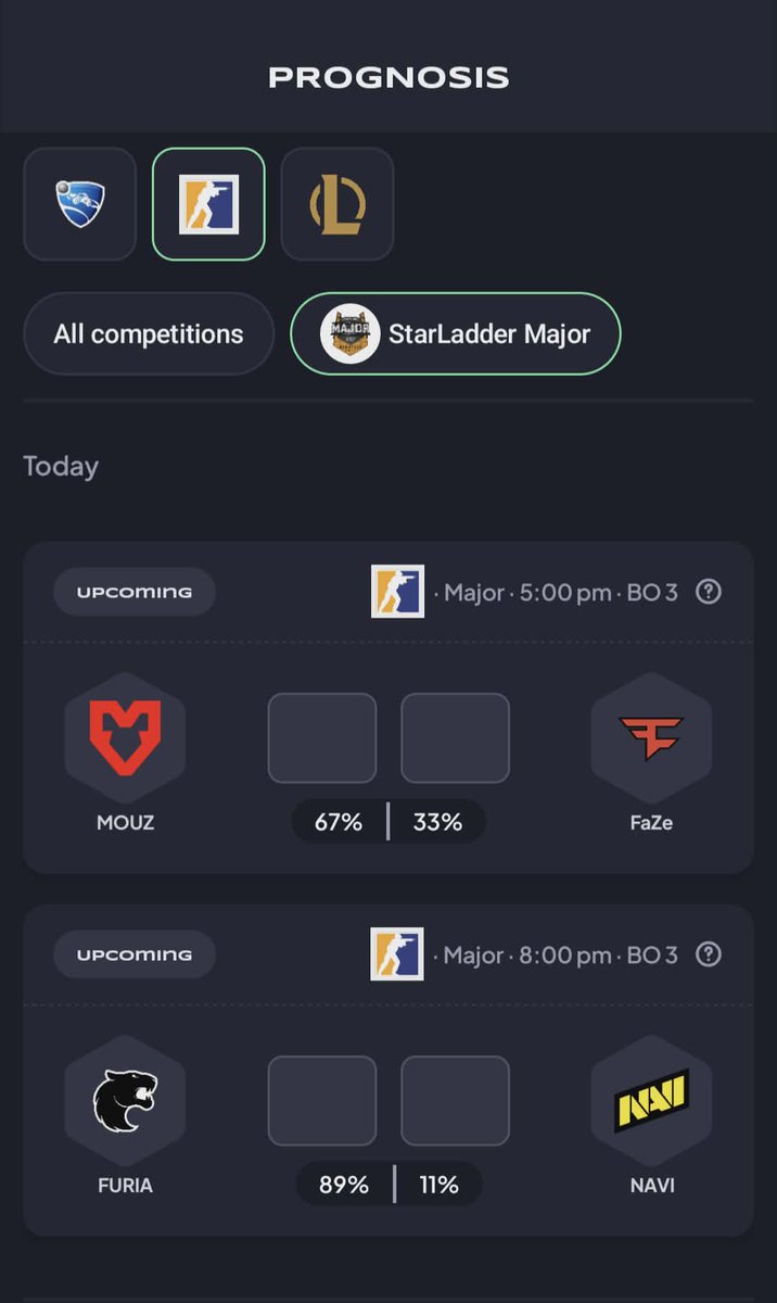 pronee_gg's tweet photo. Playoffs continue at the @StarLadder_CS  in Budapest🔥

🇩🇪 @mousesports  vs @FaZeEsports  🇺🇸
🇧🇷 @FURIA  vs @natusvincere  🇺🇦
Make your free predictions at https://t.co/njNtHNs8jm !

Playoffs continue at the semifinals! Who's going to get this ? #CS2 #CSMajor #BudapestMajor https://t.co/DEQ9fUx51I