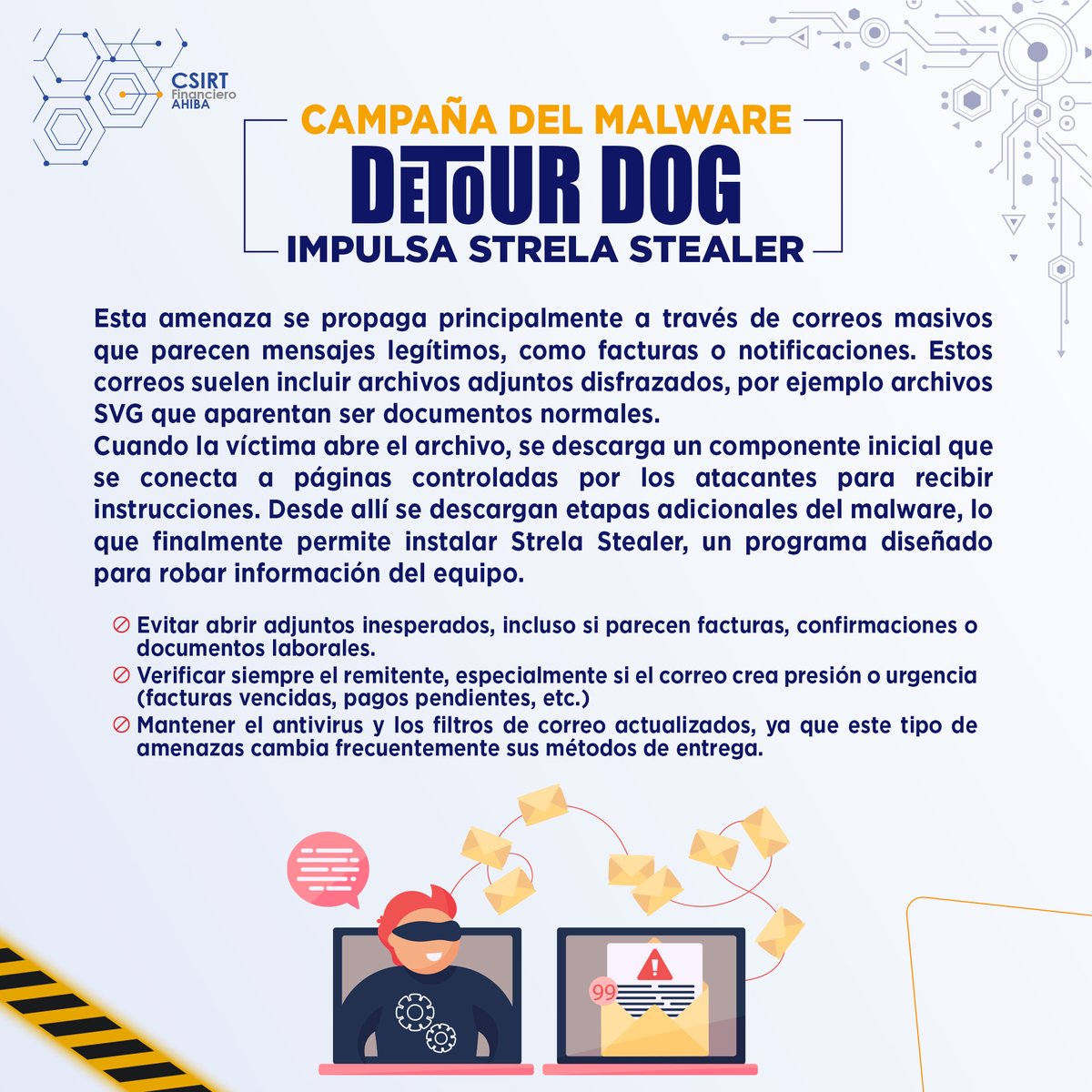 🚨 Se detectan correos que aparentan ser legítimos e incluyen archivos SVG maliciosos que instalan Strela Stealer.
✔️ Evite abrir adjuntos inesperados
✔️ Verifique siempre el remitente
✔️ Mantenga su antivirus actualizado
#Ciberseguridad #SeguridadInformática #CSIRT