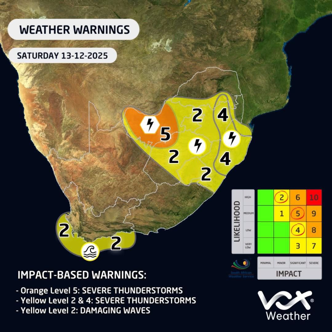 VoxWeatherZa's tweet image. WEATHER MAPS and WARNINGS for this WEEKEND – 13 to 14 December 2025

⚠️SAWS WARNINGS ⚠️
🟠L5: STORMS in NW &amp;amp; parts of FS
🟡L2&amp;amp;4: STORMS in parts of FS, NW, GP, LP, MP &amp;amp; KZN
🟡L2: WAVES between Saldanha bay &amp;amp; Plett

#VoxWeather #thunderstorms #flooding #heavyrain #weekend