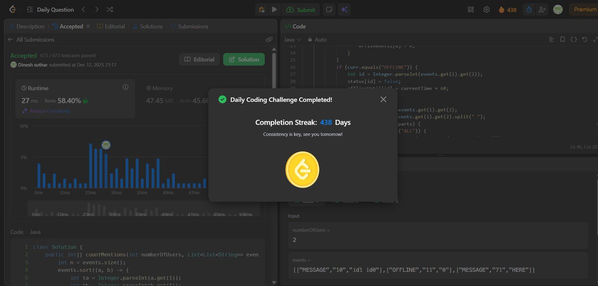 Dinesh12839101's tweet image. LC 3433 day 438. The logic was simple, but one tiny rule trapped me:
 If two events share the same timestamp, process OFFLINE before MESSAGE.
Missed that once and everything broke 😂
Wild how a small constraint can flip a whole problem. Onward!
#leetcode #Java