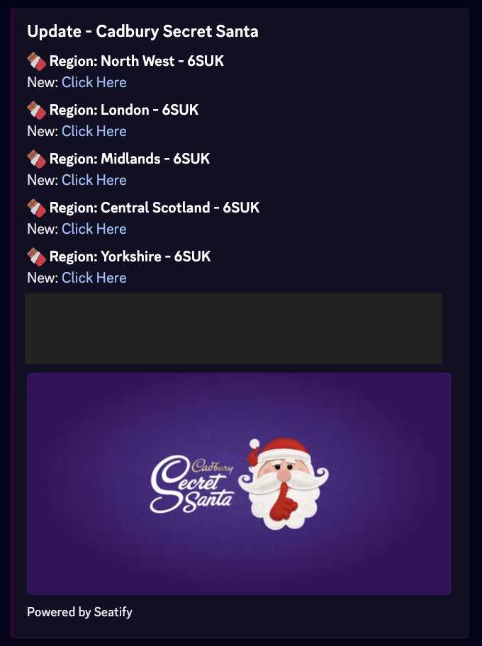 SeatifyUK's tweet image. Just something extra added for our members

🍫🎅 Cadbury’s Secret Santa Monitor

Many of our members have already secured free chocolate using our Cadbury's monitor!

#MUFC tickets, exclusive info, and now a little festive bonus. #CadburySecretSanta