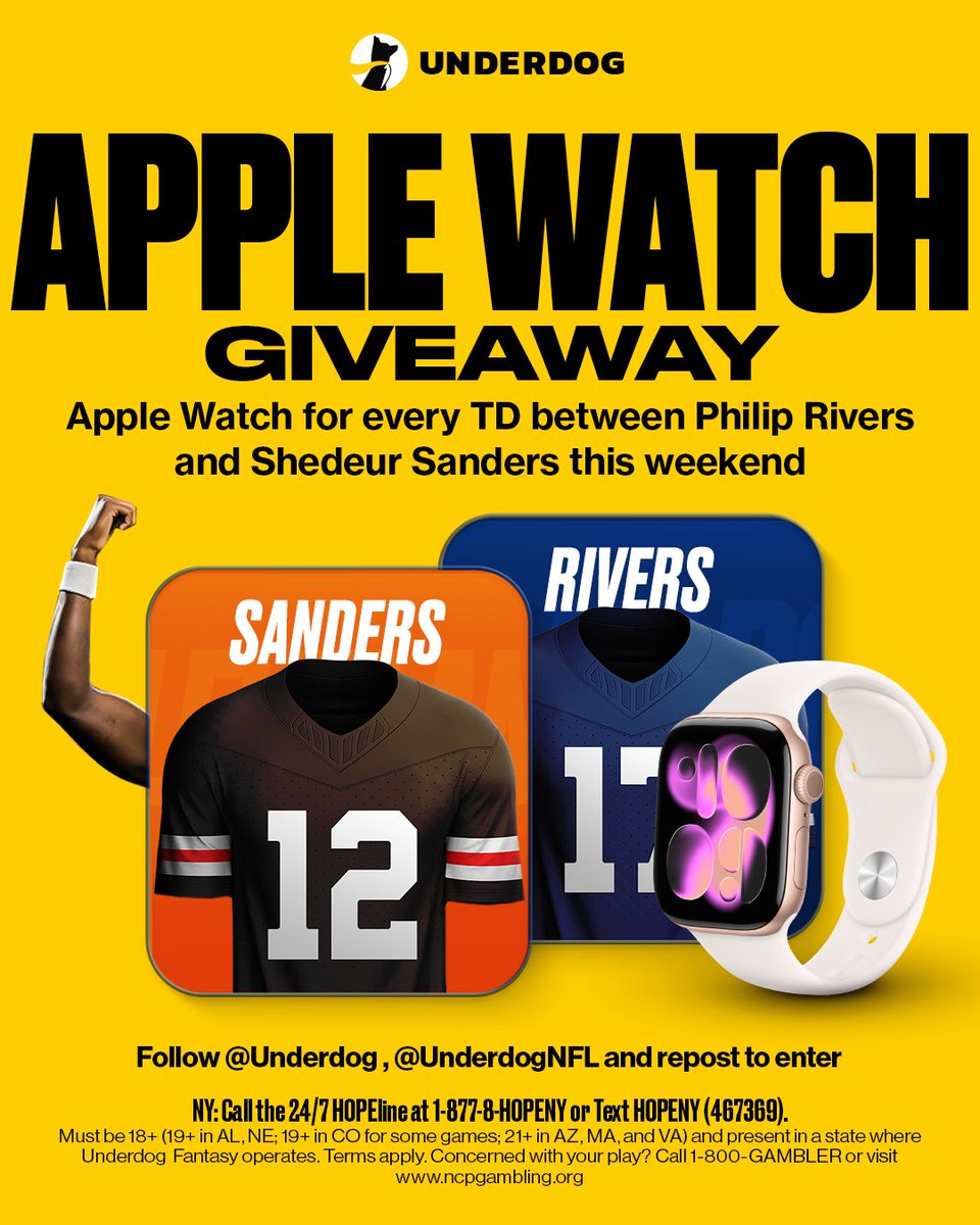Underdog's tweet image. ⌚️ APPLE WATCH GIVEAWAY ⌚️

We're sending out an Apple Watch for every TD totaled by Shedeur Sanders and Philip Rivers this weekend 🤝

WRIST UP ⌚️

To enter:
1⃣ Repost this
2⃣ Follow @Underdog
3⃣ Follow @UnderdogNFL