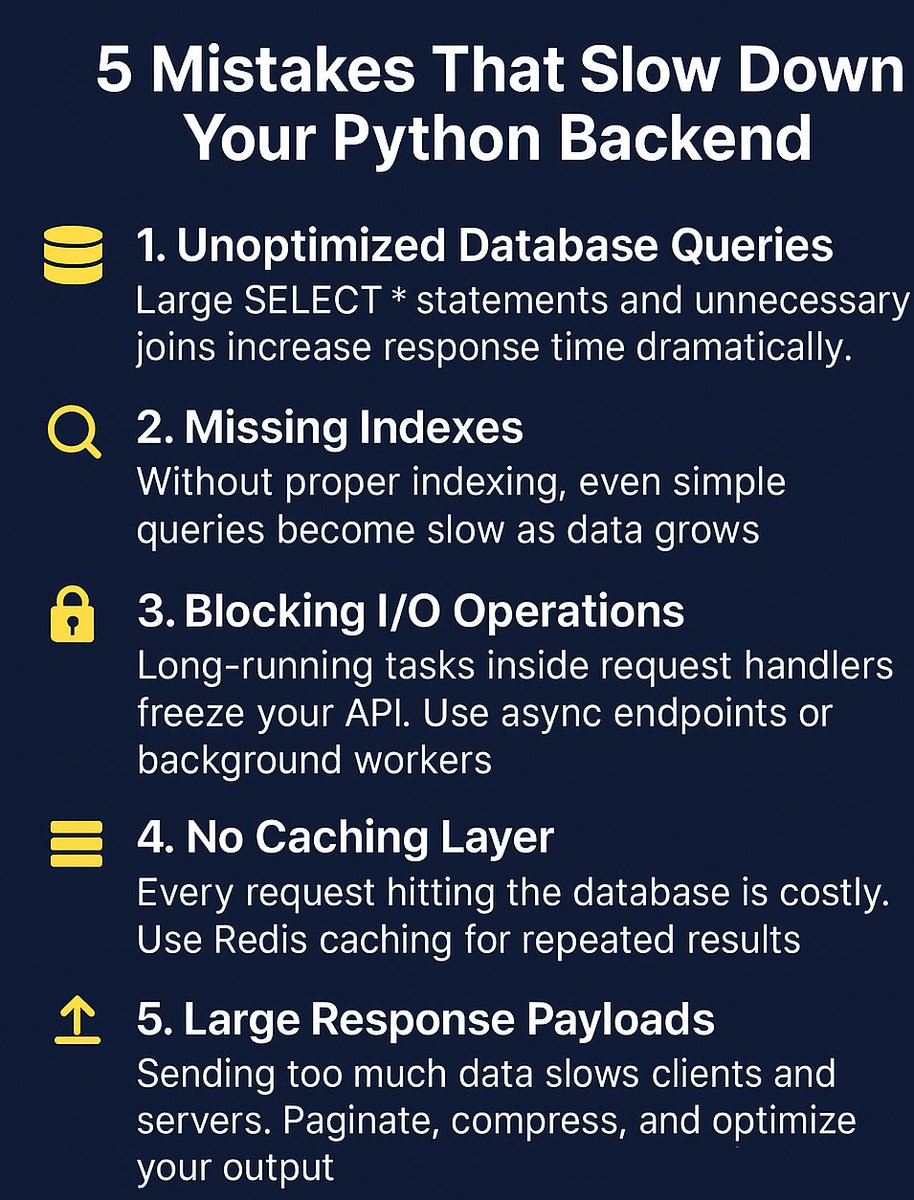 haiderali97620's tweet image. Improving backend performance

Here are 5 common issues that hurt Python backend performance:

⚡ Unoptimized queries
📌 Missing indexes
🧵 Blocking I/O in requests
📦 No caching layer
📉 Large, unnecessary payloads
#pythonbackend #backenddevelopment #apioptimization #fastapi
