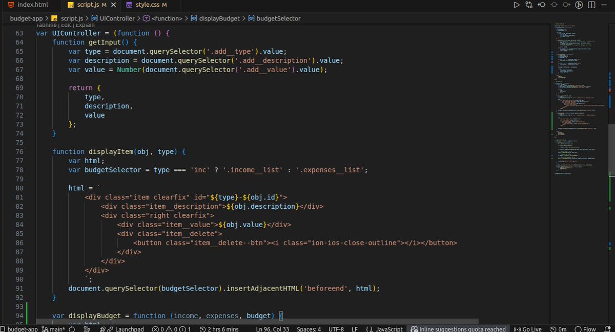 Obianuju_sunday's tweet image. Day 29 — #BackAtItWithJavaScript

I worked on displaying the budget in the UI. Ran into messy HTML structures and repetitive code, but I fixed it using template literals and using the DRY principle. 

Numbers still need proper dynamic updates, but the code feels much cleaner now.