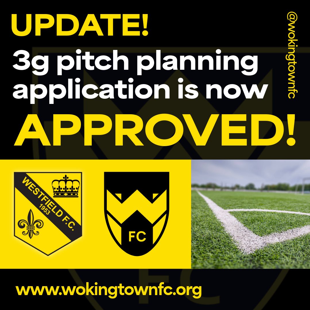 📣 Fantastic news for Woking Town FC and Westfield FC! ⚽️🌟

We’re thrilled to share that planning permission has officially been granted by Woking Borough Council for the construction of a 3G artificial football pitch at Woking Park!

#grassrootsfootball #youthfootball #woking