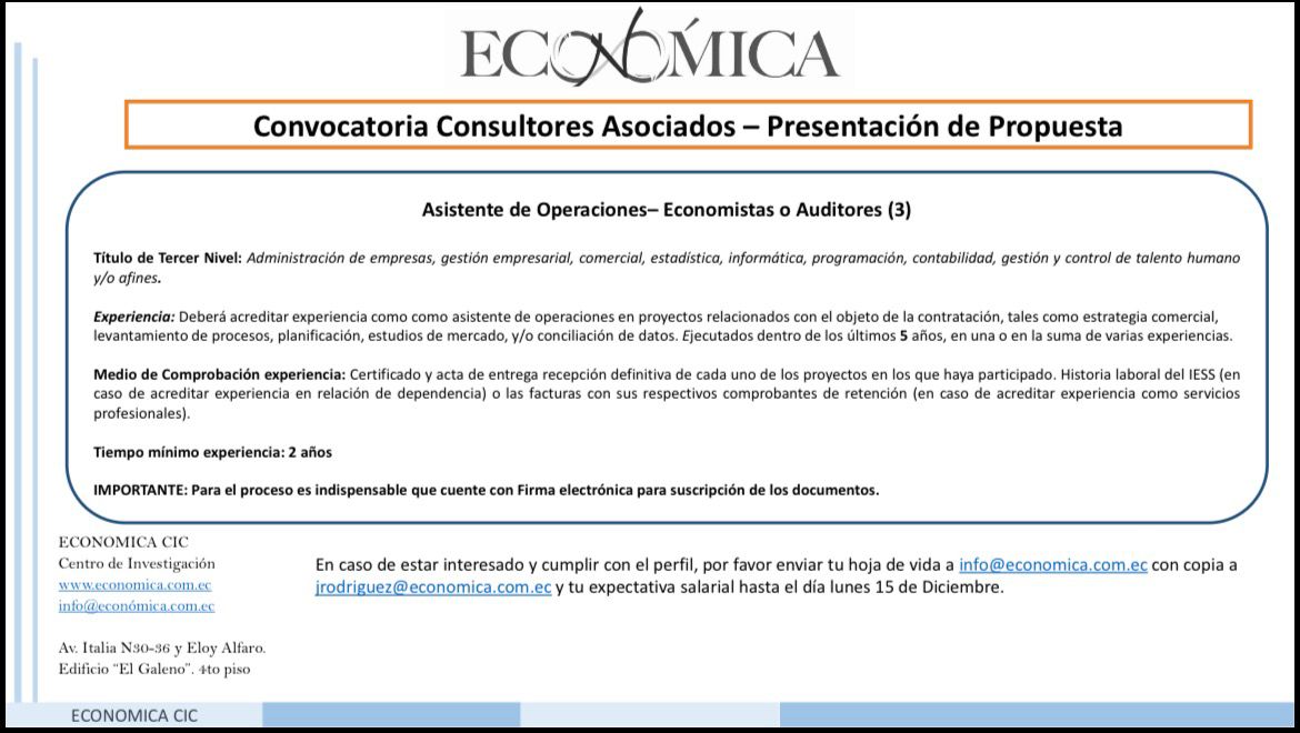 En <a href="/EconomicaCIC/">@Económica</a> buscamos consultores para presentación de propuestas

Perfiles Senior y Analistas en Economía Finanzas y auditoria 

Si sabes programar en python, stata o R es un gran plus!

Aplica