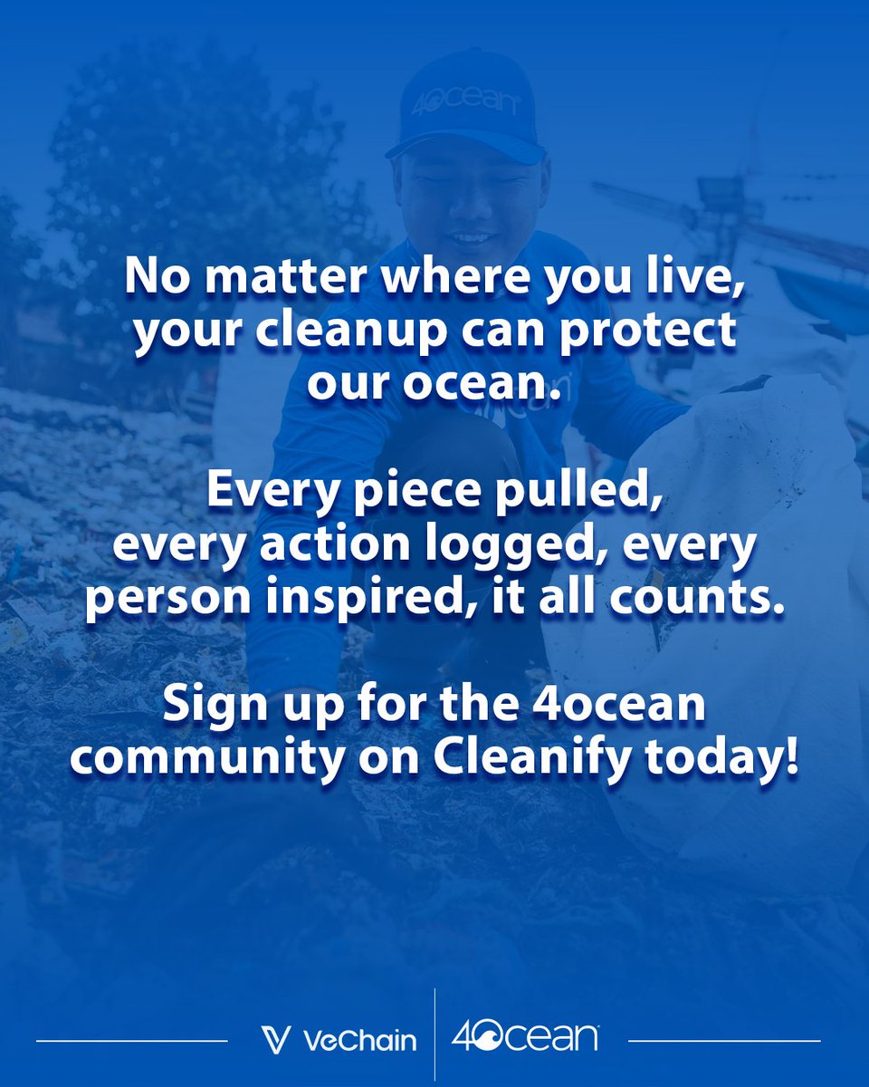4ocean's tweet photo. A cleaner ocean starts with small, everyday actions 🌊 

Together with VeChain, we launched the official 4ocean community on Cleanify, so you can track cleanups and see your real, verified impact from anywhere in the world. And yes, there are rewards along the way.

No coastline needed. Every action you log and every person you inspire makes a real difference.

It’s easy to get started:
1. Click https://t.co/I0OMkTJY4W and sign up to join the official 4ocean community on Cleanify
2. Log 3 cleanups or daily actions to earn a free 4ocean signature bracelet
3. Invite a friend to unlock an additional premium bracelet

Join today and start making waves.
*Bracelet rewards available to U.S. participants only. Exact bracelet style and color may vary depending on inventory. Rewards are fulfilled while supplies last.