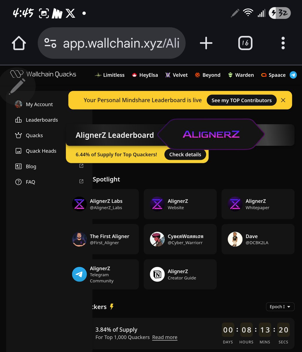 matthewanietie's tweet photo. g26 fam

The final few hours to quack your way through @AlignerZ_Labs Season 1 is here and guess what? Season 2 loads immediately after on @wallchain

No break. No breathing space. Just straight 25 days of grinding till January 7th, 2026.

Here’s the part people keep sleeping on:

Season 2 Rewards

2.6% of total supply → 676,000 $A26Z shared across Top 1000 contributors and your payout is based on mindshare, not rank.

So every single aligned contribution actually counts.

Claim Options

After Epoch 2 ends, you choose: 
• Take your TVS vesting
or
• Cash out in the first 3 days at a fixed $0.40 per token
(over $670K in stables getting distributed 👀)

If you’re just starting, read this twice:

• You need a solid X score
• And you need to drive consistent mindshare, not just show face
This system rewards actual effort, not loud noise.

Season 2 is the part where people who missed Epoch 1 start catching up.
If you’ve been thinking of joining, this is genuinely the best window.

Let’s run it up boys🚀🔥

Quack Quack.