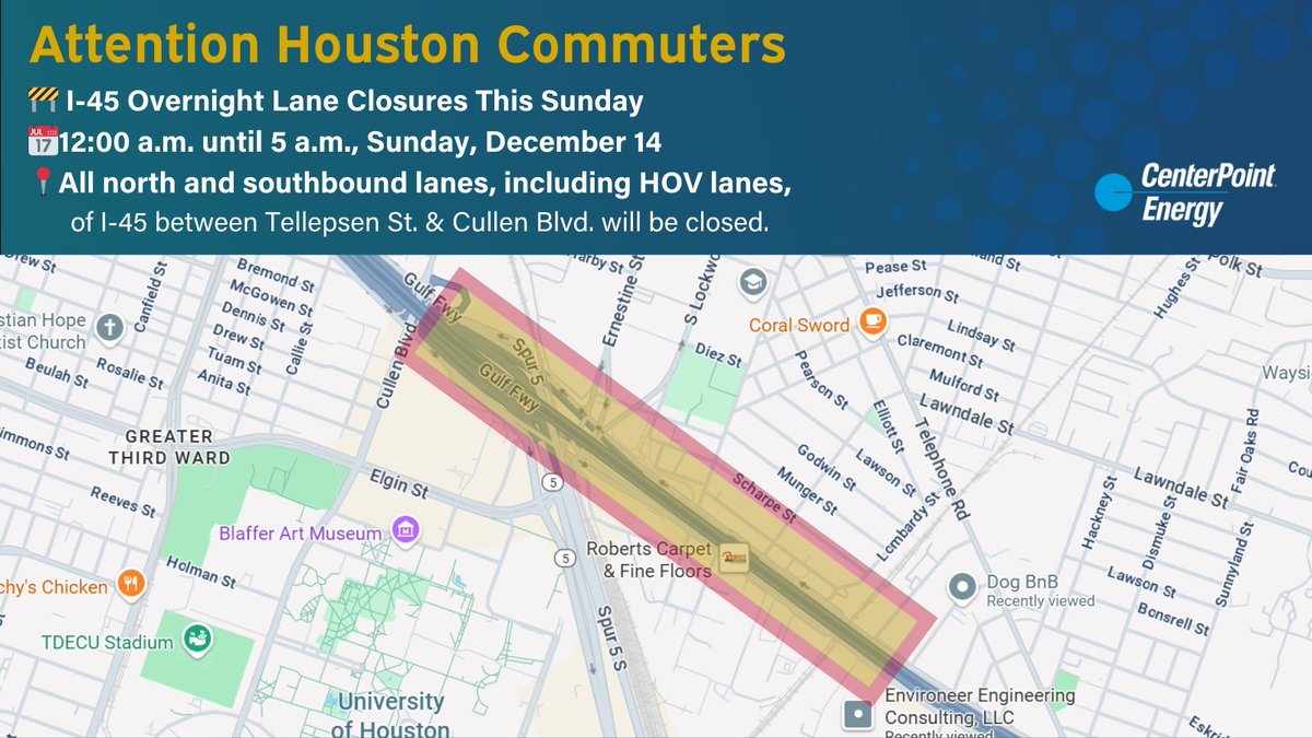 CenterPoint_TX's tweet image. This weekend, crews will upgrade a key transmission line from 69kV to 138kV—strengthening Houston’s grid and improving reliability. Expect an overnight closure on I-45 early Sunday. #GridReliability #HoustonTraffic