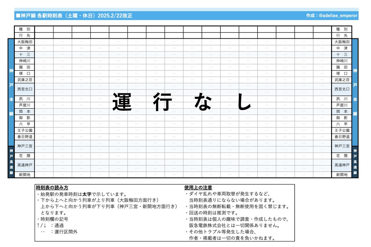 12/13(土) カービィ号運行表 🔵神戸線 朝❌昼❌夜❌ 🟠宝塚線 朝❌昼