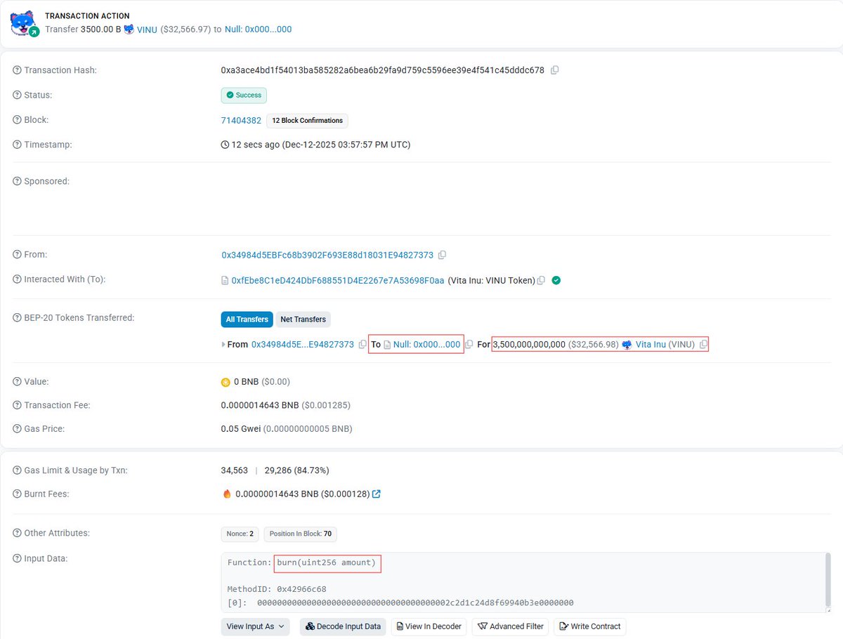 VitaInuCoin's tweet image. BIG BURN!
🔥 3.5T $VINU GONE FOREVER! 🔥

bscscan.com/tx/0xa3ace4bd1…