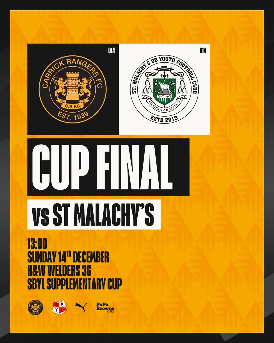 🏆 𝟮𝟬𝟭𝟮 𝗖𝘂𝗽 𝗙𝗶𝗻𝗮𝗹 🏆 

On Sunday our U14’s play in the SBYL Supplementary Cup Final!

🆚 St Malachy’s 
🏟️ Blanchflower 3G
⏰ Kick off @ 13:00
🎟️ Free Admission

#AmberArmy 🟠⚫️