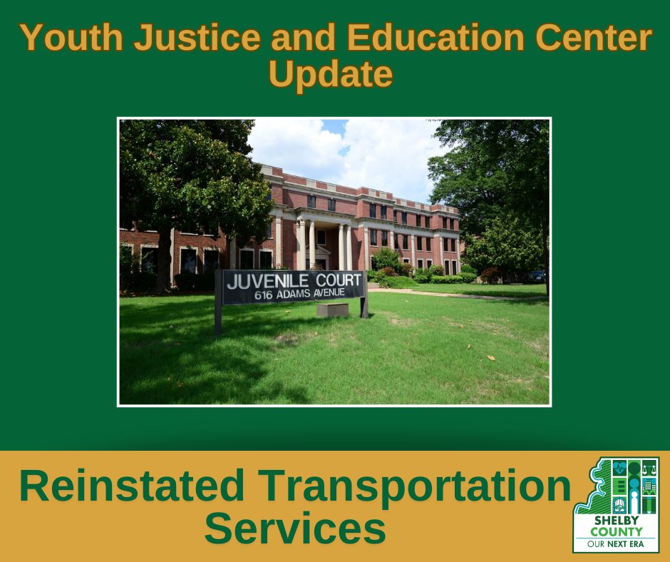 ShelbyCoTN's tweet photo. Since the YJEC transfer, transportation to and from the Memphis and Shelby County Juvenile Court has resumed. This ensures that youth are able to attend their court hearings on time and exercise their right to due process. #OnTrackWithYJEC https://t.co/wZOIA8yvgj