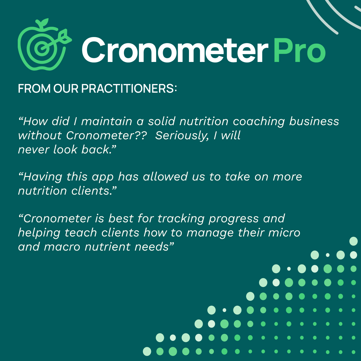 cronometerpro's tweet image. See what real practitioners are saying about how Cronometer Pro helps them:

🏥 Streamline clinical workflows
📊 Improve patient and client outcomes
🎯 Increase adherence
🧠 Educate using real-time, evidence-based data
🔥 Deliver a truly elevated care experience