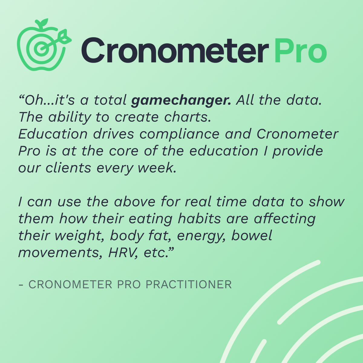 cronometerpro's tweet image. See what real practitioners are saying about how Cronometer Pro helps them:

🏥 Streamline clinical workflows
📊 Improve patient and client outcomes
🎯 Increase adherence
🧠 Educate using real-time, evidence-based data
🔥 Deliver a truly elevated care experience