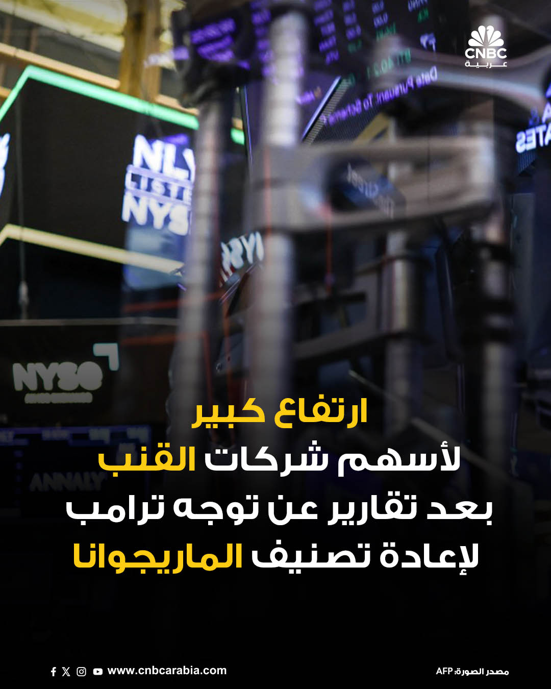 ارتفاع أسهم شركات القنب خلال تداولات وول ستريت، يوم الجمعة 12 ديسمبر/ كانون الأول، بشكل ملحوظ بعد تقارير تفيد بأن الرئيس الأميركي دونالد ترامب سيعيد تصنيف الماريجوانا. للمزيد 