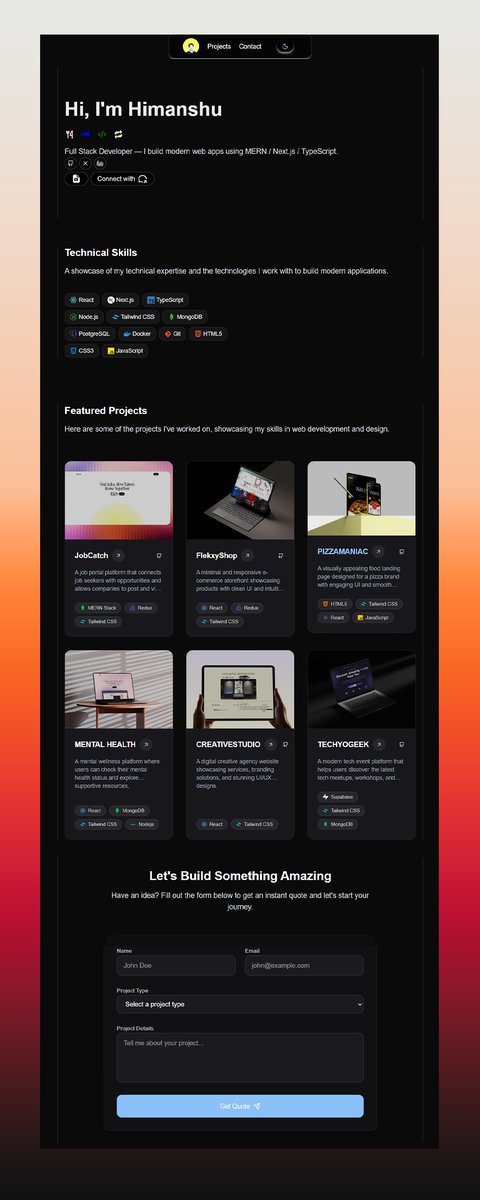 fitedocc's tweet image. himanshudocs.vercel.app
Cooked a fresh portfolio with Next.js &amp;amp; TailwindCSS. Loving the clean vibes ✨
#nextjs #buildinpublic #frontendcoding  #webdeveloper #lookingforinternship