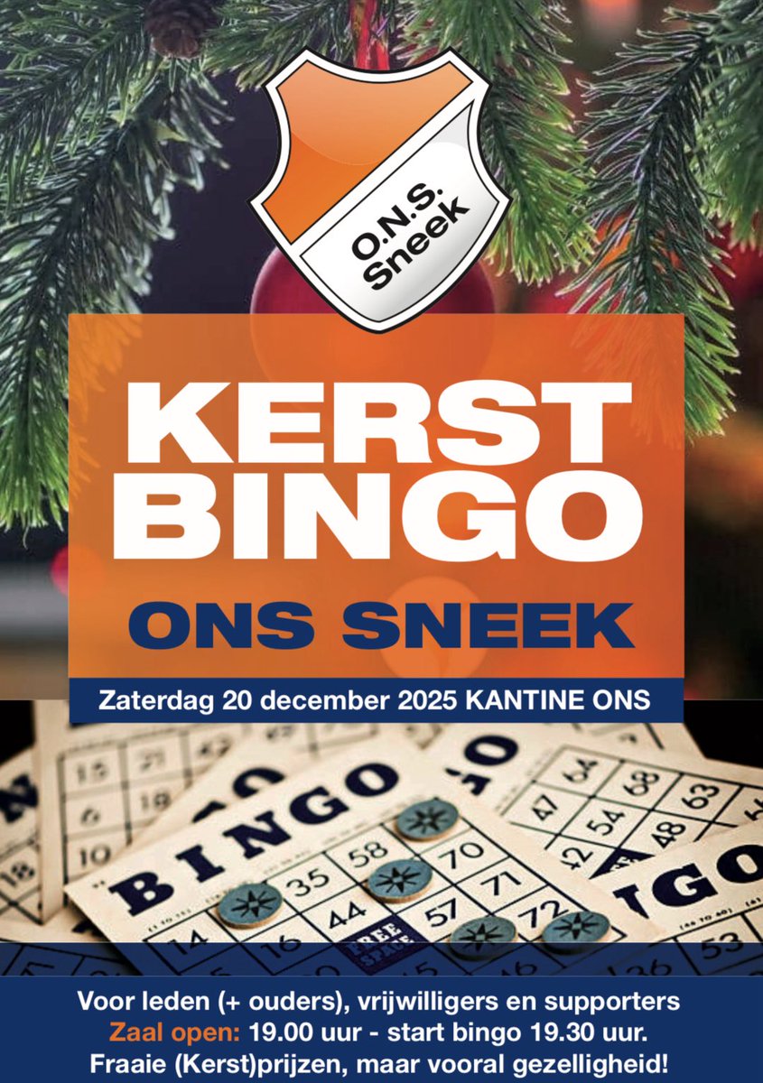 ONSSneek's tweet photo. Nog maar ruim een week te gaan en dan is het weer tijd voor de traditionele Kerstbingo! Ben jij er ook bij op deze avond met veel gezelligheid en leuke prijzen? 🎄 https://t.co/NJ5yOPvwNo
