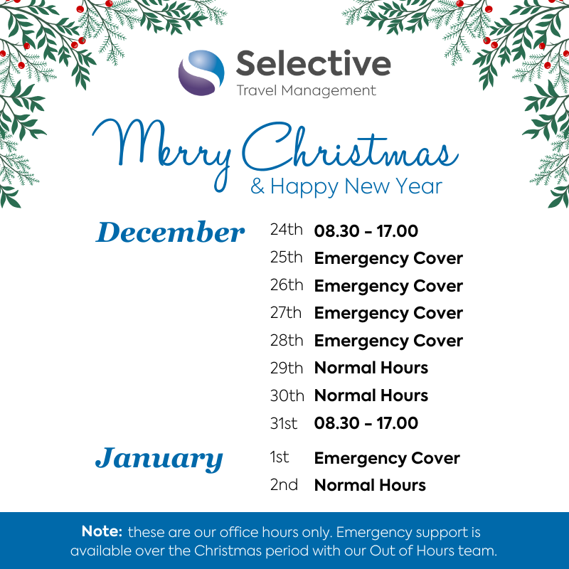 🎄 Christmas Office Hours 🎄

The team at Selective Travel Management wishes all our clients a Merry Christmas and a Happy New Year 🎅 Throughout the festive season, our Out of Hours team will remain available 24/7 to support travellers needing emergency assistance 🎁