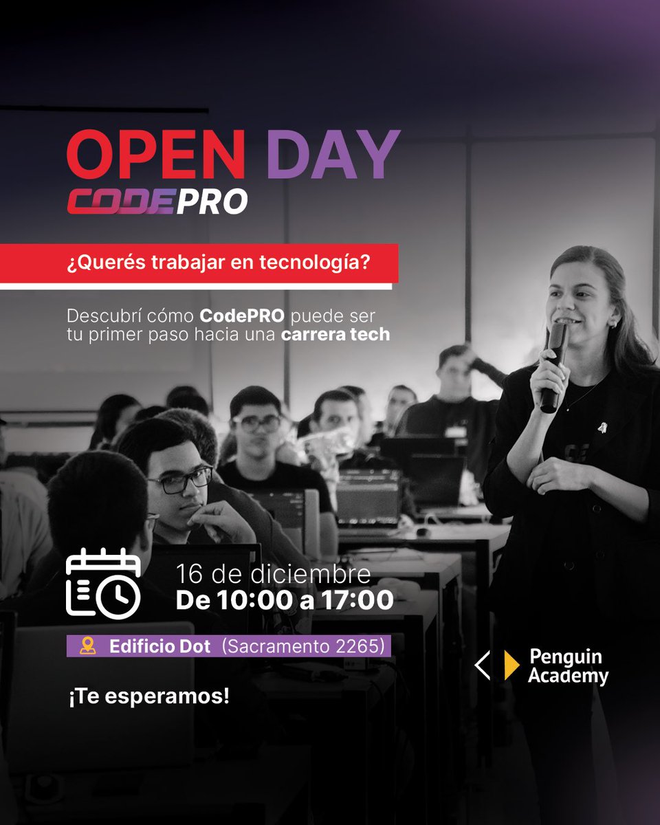 ¿Dudas sobre CodePRO? 🤔
Vení a nuestro Open Day: un espacio gratuito para charlar con el equipo, hacer preguntas y tener una entrevista orientativa.
📅 Martes 16/12 — 🕒 10:00 a 17:00 
📍 Dot Sacramento, 4to piso
🔗 Registrate: luma.com/penguin.academy
¡Te esperamos!