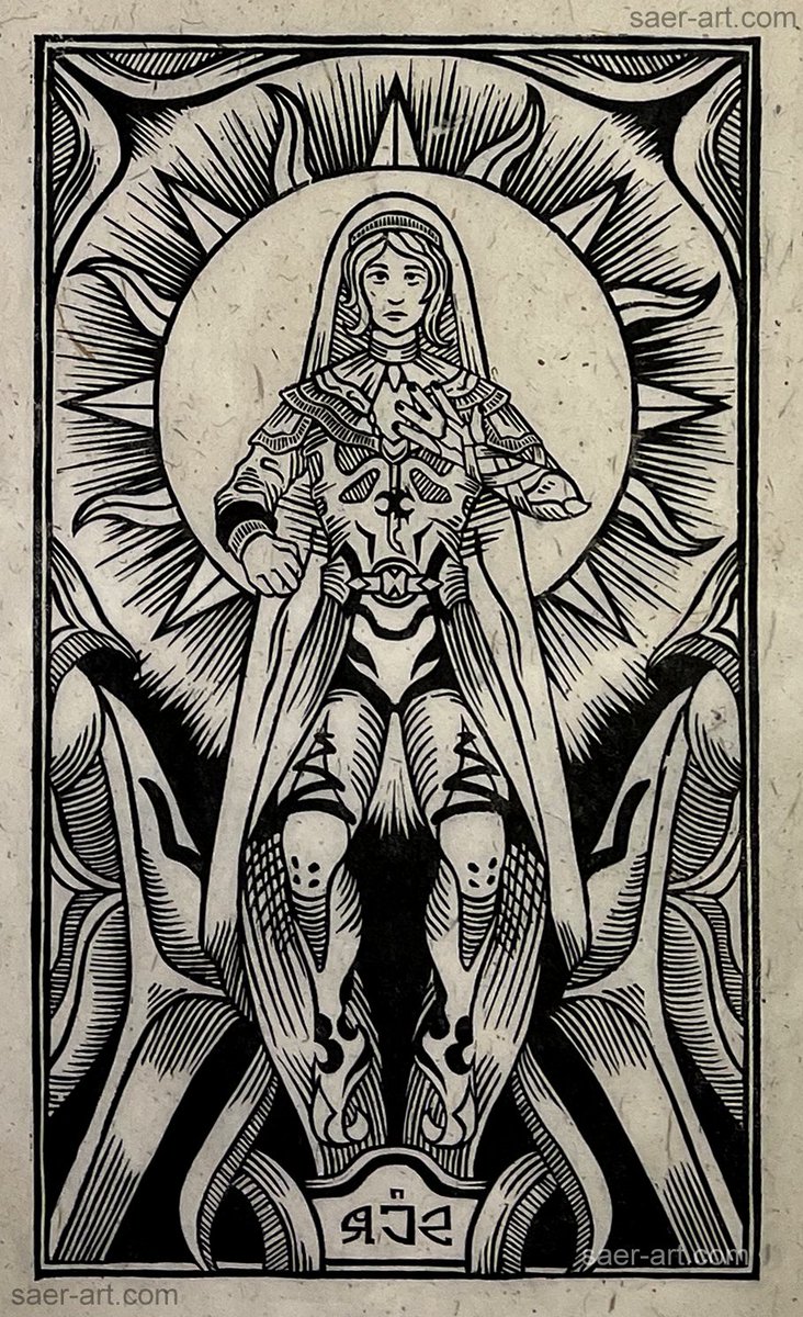 Saer_Art's tweet image. Here's some individual photos of the prints, each one is around 17x10" big. If I had to guess each one probably took around 9 hours or so to carve? 

#woodcut #printmaking #medievalart #warframe