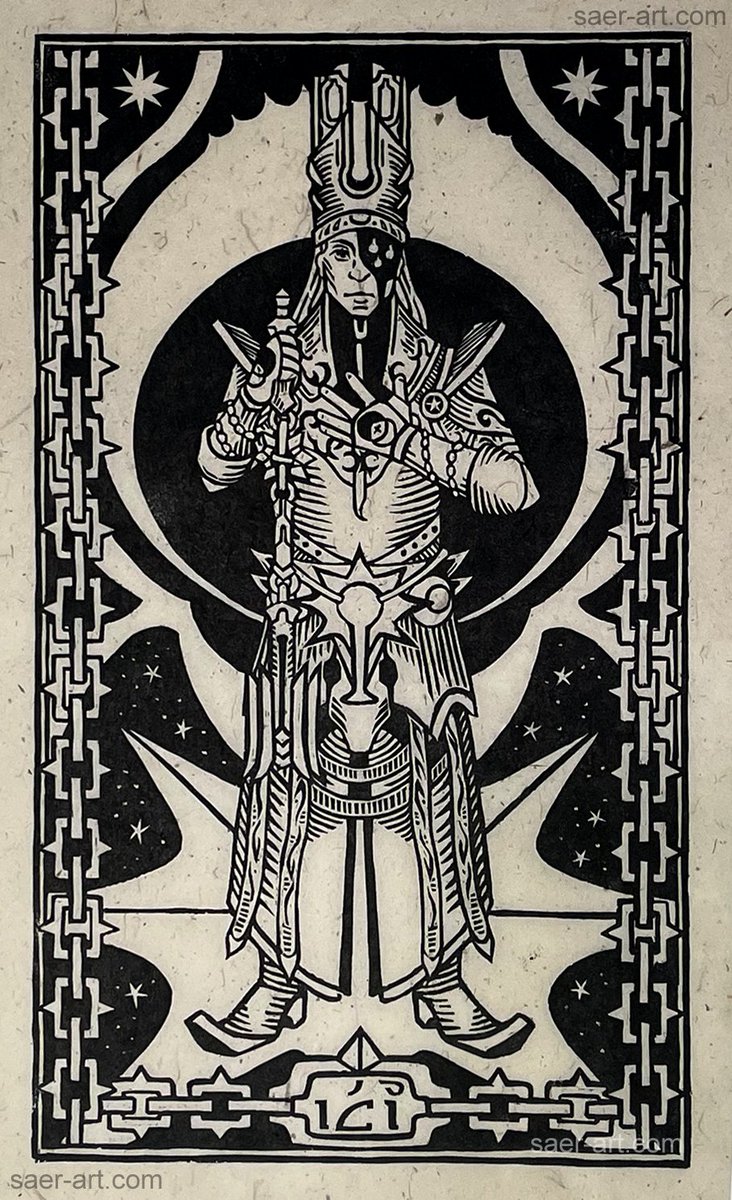 Saer_Art's tweet image. Here's some individual photos of the prints, each one is around 17x10" big. If I had to guess each one probably took around 9 hours or so to carve? 

#woodcut #printmaking #medievalart #warframe