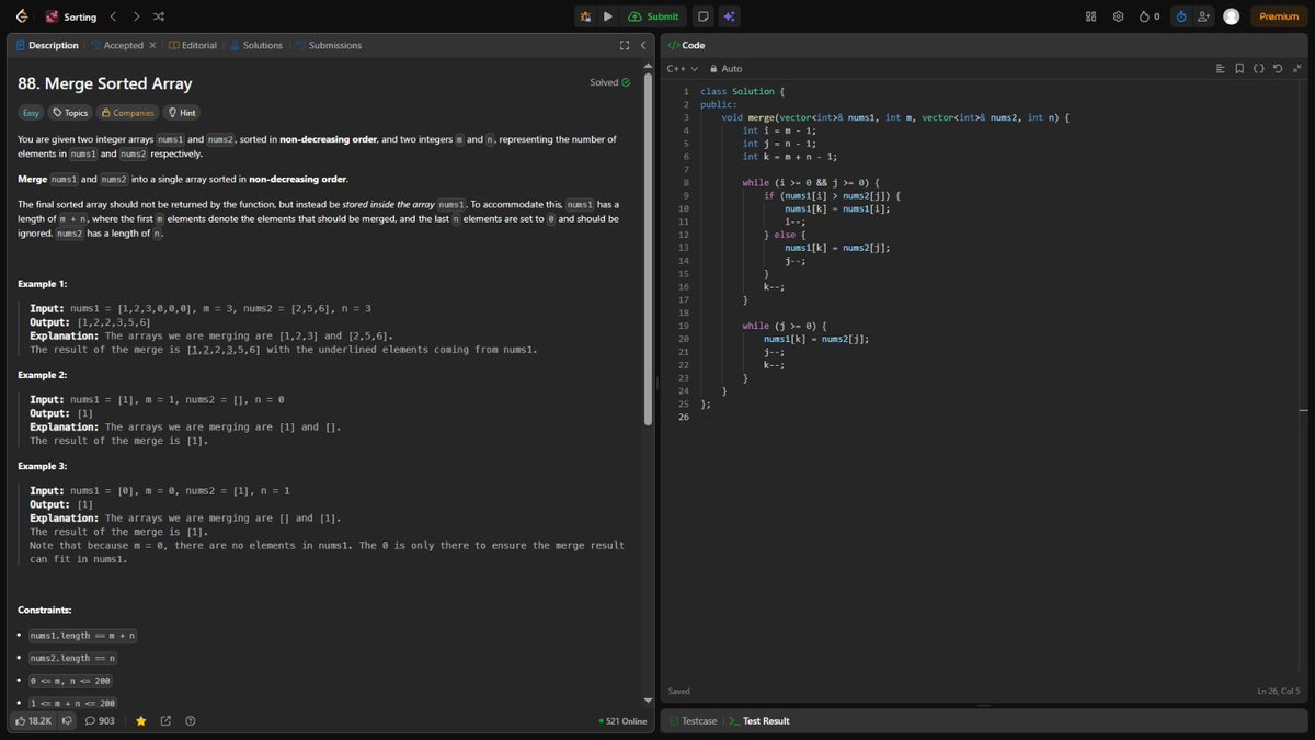 Navneetrajgupta's tweet image. Day 80/100 of #100DaysOfCode
Solved Leetcode problem merge sorted array and square of sorted array (easy solution will try another solution for this)
#DSA #LeetCode