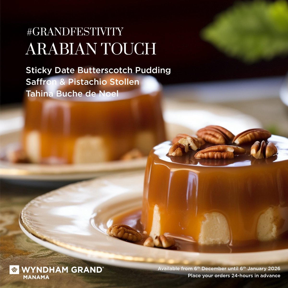 Signature Turkey, savory cakes, Buche De Noel, an Arabian twist and more  
Taste the magic of the holiday, order your favorites now 😋

For ordering, 
contact us at +973 17116116, or +973 3366 0312

استمتع بقائمتنا اللذيذة لموسم العطلات!
اطلب اطباقك المفضلة الآن!