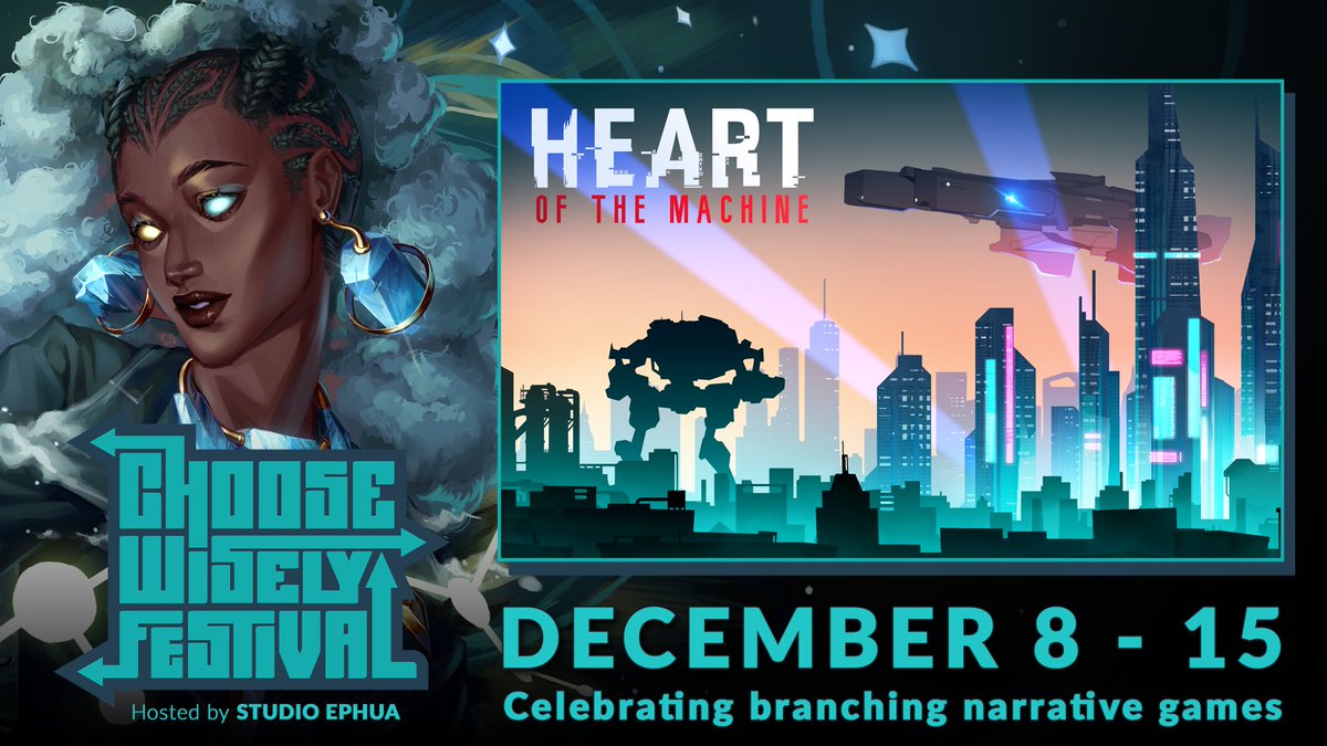 Heart of the Machine has been kindly featured in the Choose Wisely Festival. 🤖

Hosted by <a href="/EphuaHQ/">Studio Ephua 🦋 Choose Wisely Host 🦋 SoloDev</a>, this event celebrates branching narrative games. It's cool to see Heart among such good company! #ChooseWiselyFestival

Check it out on Steam: store.steampowered.com/sale/choosewis…