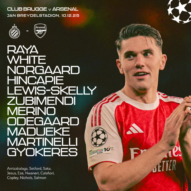 Arsenal's tweet photo. 🔴 𝗧𝗘𝗔𝗠𝙉𝙀𝙒𝙎 ⚪️

🧱 Norgaard at the back
⚡️ Martinelli down the wing
😤 Gyokeres up top

Let's keep our Champions League momentum going ✊