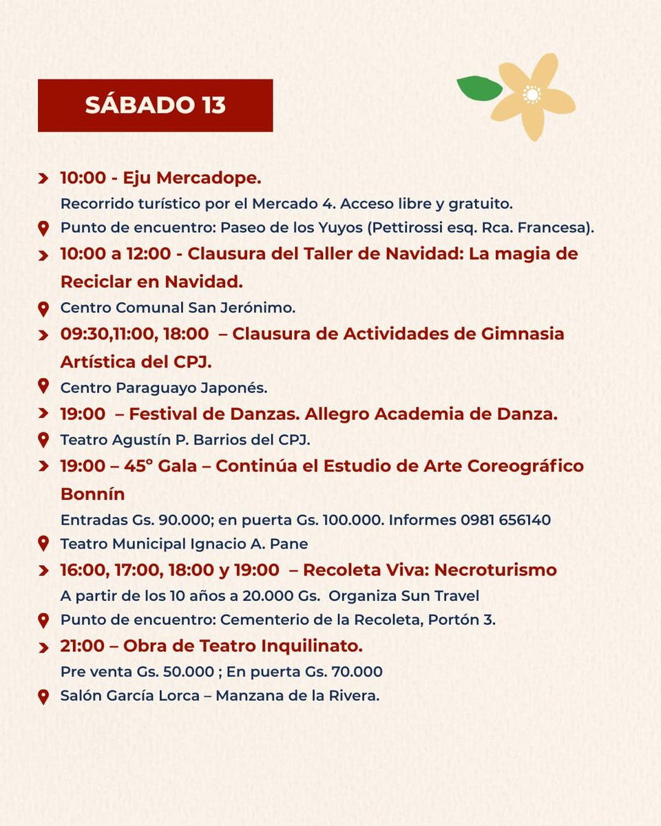 📢 ¡Agenda cultural de #AsuCulturaYTurismo! ✨
Esta semana llega cargada de propuestas para todos los gustos: danza 🩰, vals 🎶, teatro 🎭, recorridos por el Mercado 4 🖼️ y clausuras de talleres 🎨.
Perfecto para disfrutar en familia o con amigos. 💛
#Cultura #Turismo #Asunción